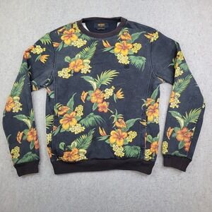 10 Deep Sweatshirt Mens Large Black Floral Crew Neck Pullover Pockets Hawaiian